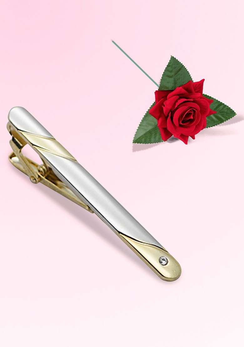 Stainless Steel Artificial Stone Studded Tie Pin With Red Rose - Indya