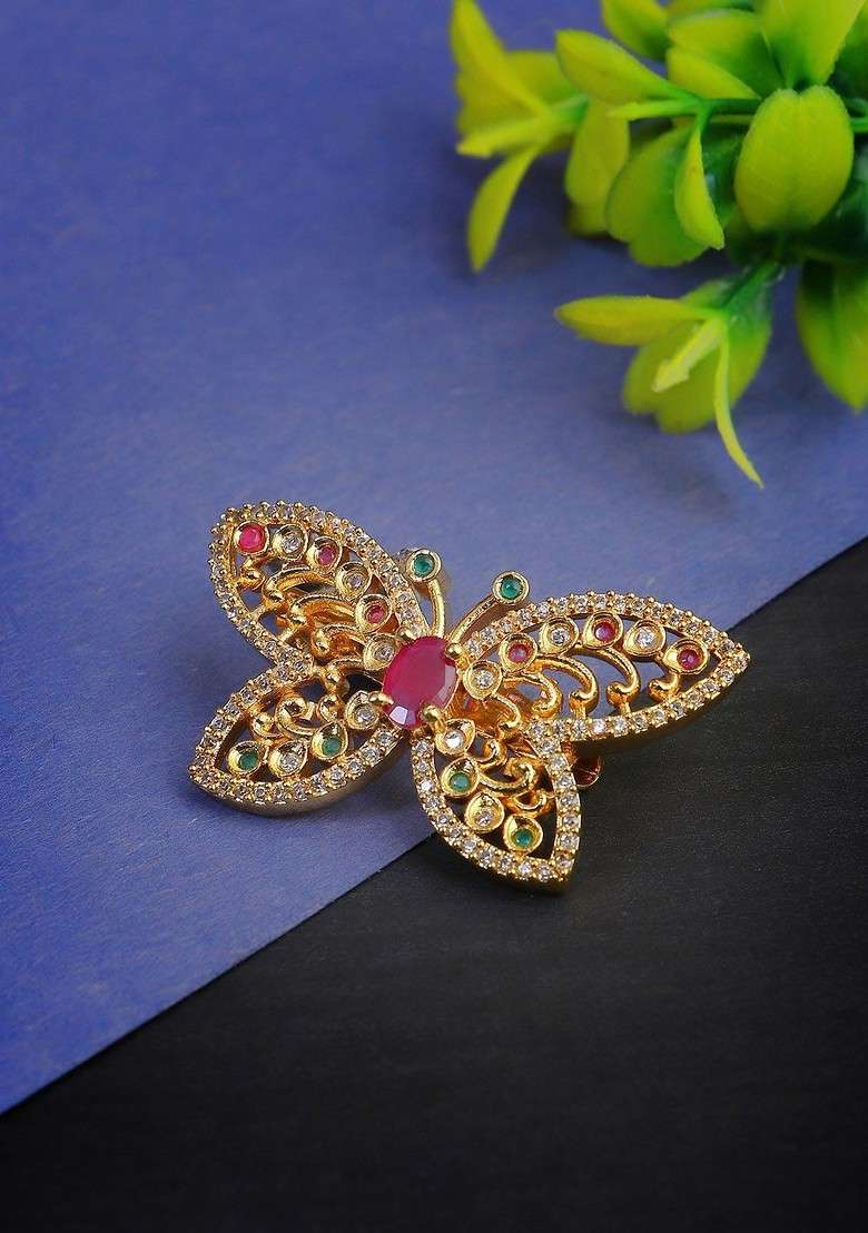Women Gold Plated Stone Studded Butterfly Shape Brooch - Indya