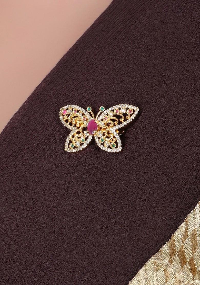 Women Gold Plated Stone Studded Butterfly Shape Brooch