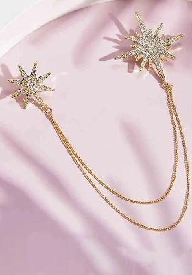Gold Plated Cz Studded Twinkling Star Pattern Double Chain Pin Brooch