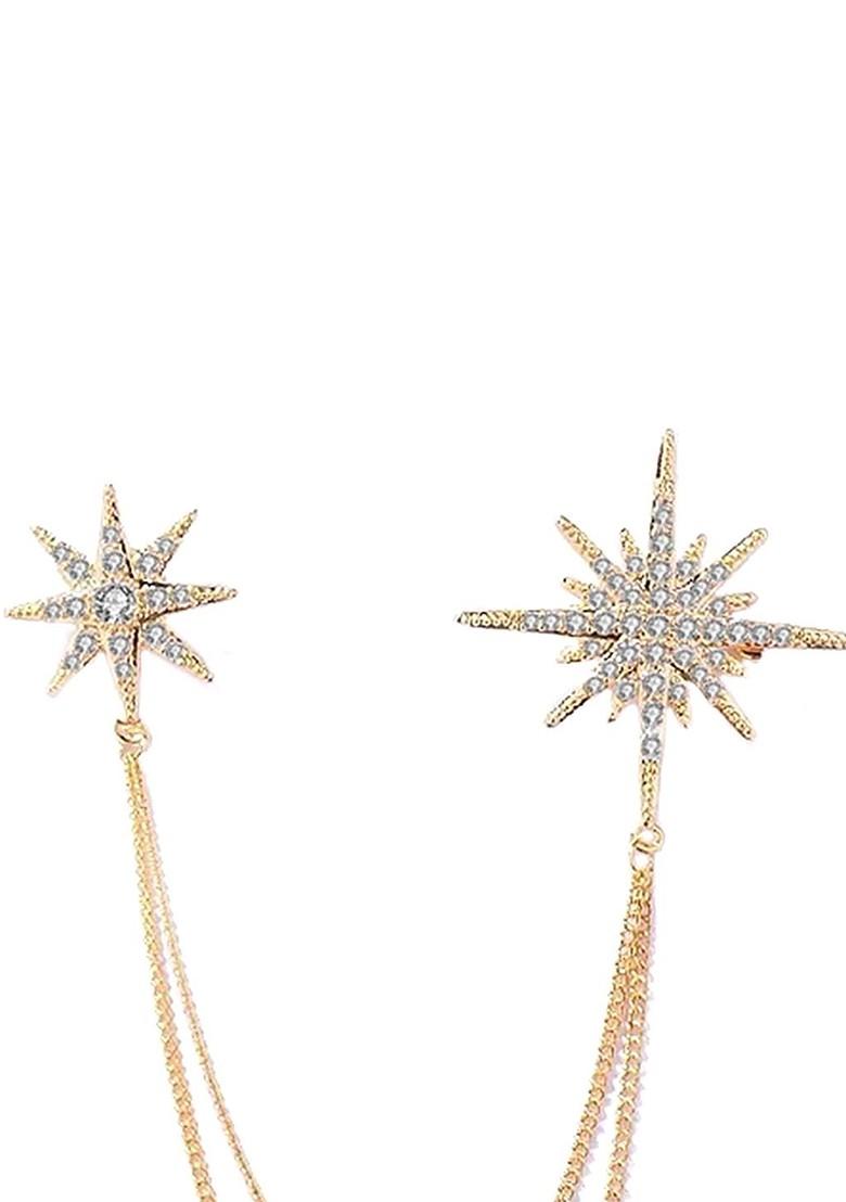 Gold Plated Cz Studded Twinkling Star Pattern Double Chain Pin Brooch