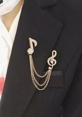 Gold Plated Cz Studded Music Pattern Double Chain Pin Brooch