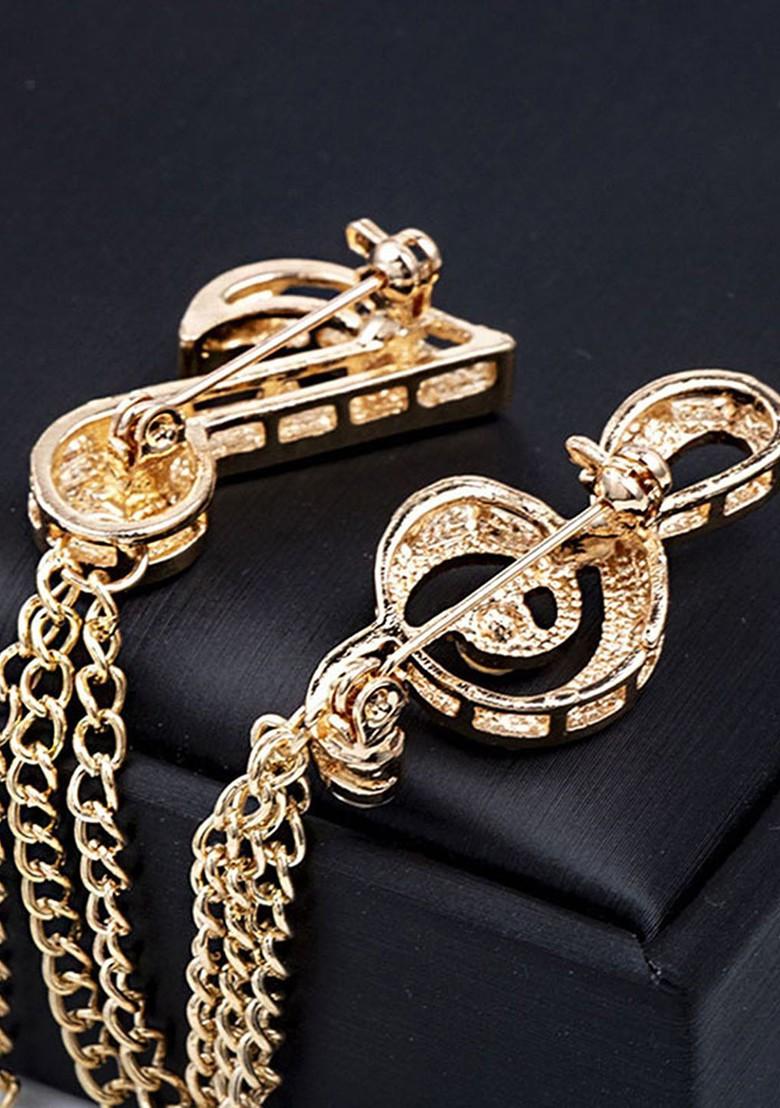 Gold Plated Cz Studded Music Pattern Double Chain Pin Brooch