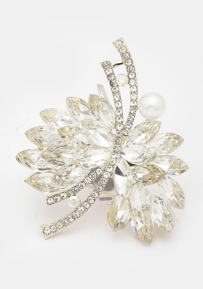 Gold Plated Stone Studded Pearls Beaded Saree Brooch