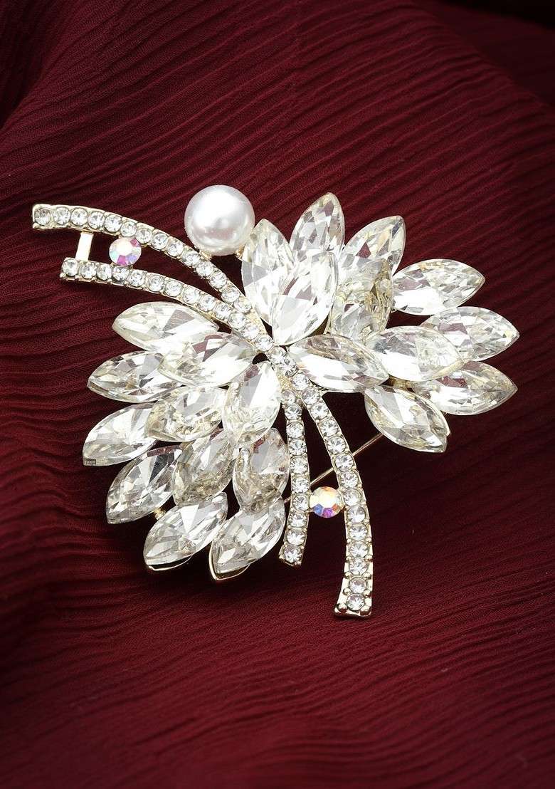 Gold Plated Stone Studded Pearls Beaded Saree Brooch - Indya