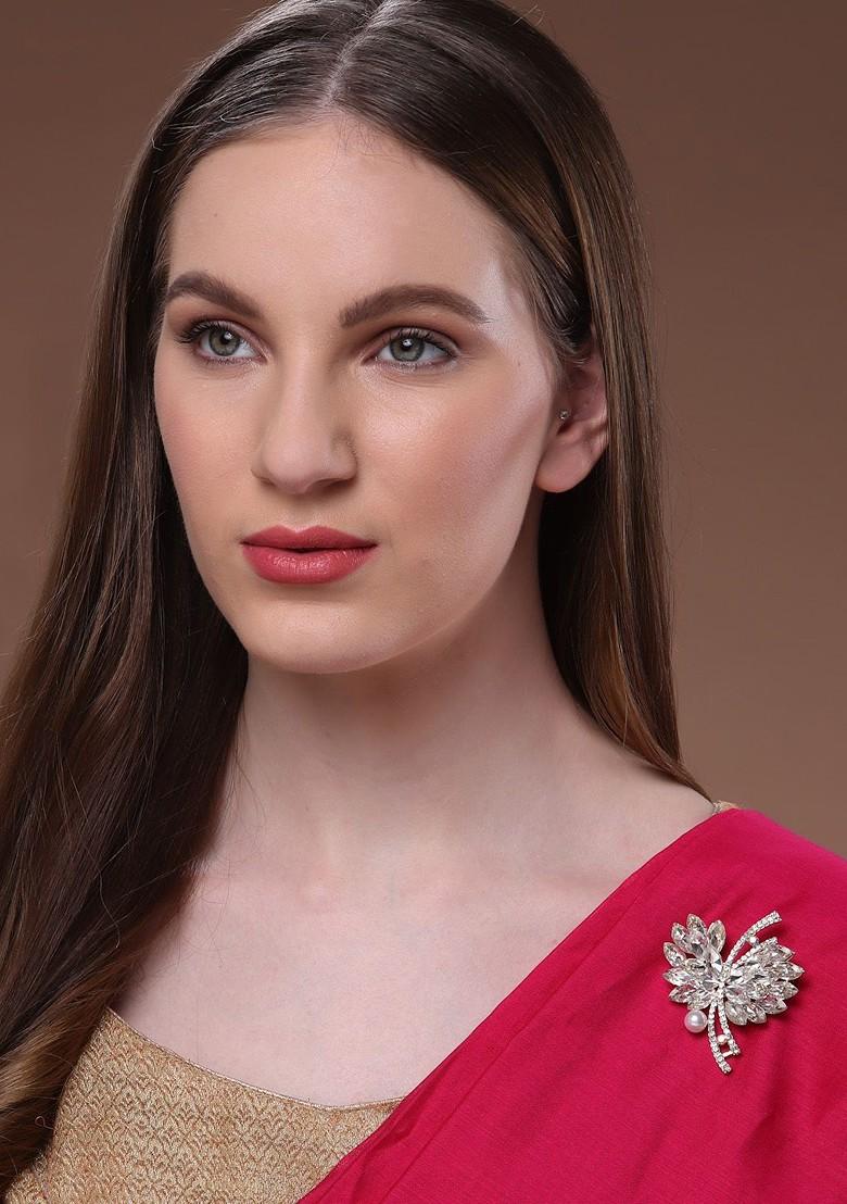 Gold Plated Stone Studded Pearls Beaded Saree Brooch