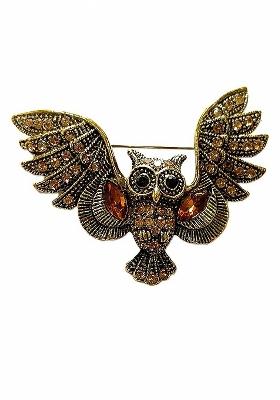 Unisex Gold Plated Owl Shaped Brooch With Artificial Stone Embellishment