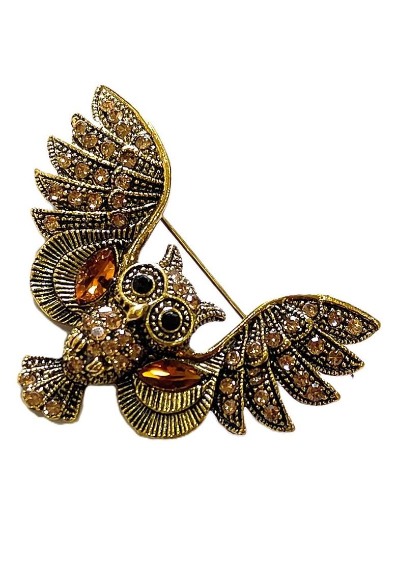 Unisex Gold Plated Owl Shaped Brooch With Artificial Stone Embellishment
