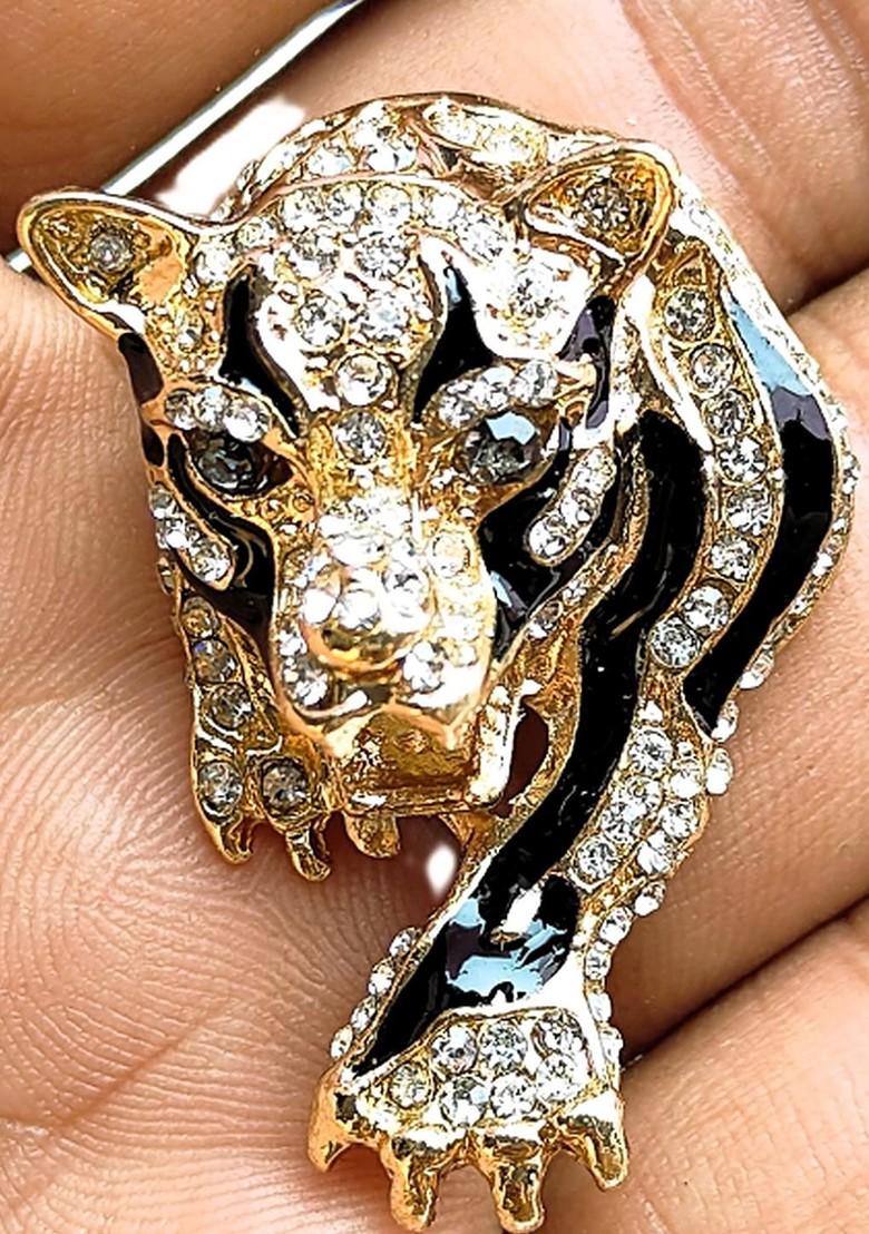 Unisex Gold Toned Tiger Face Shaped Alloy Brooch