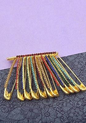 12 Pcs Gold Plated Multicolor Stones Safety Saree Pleats Pin Brooch