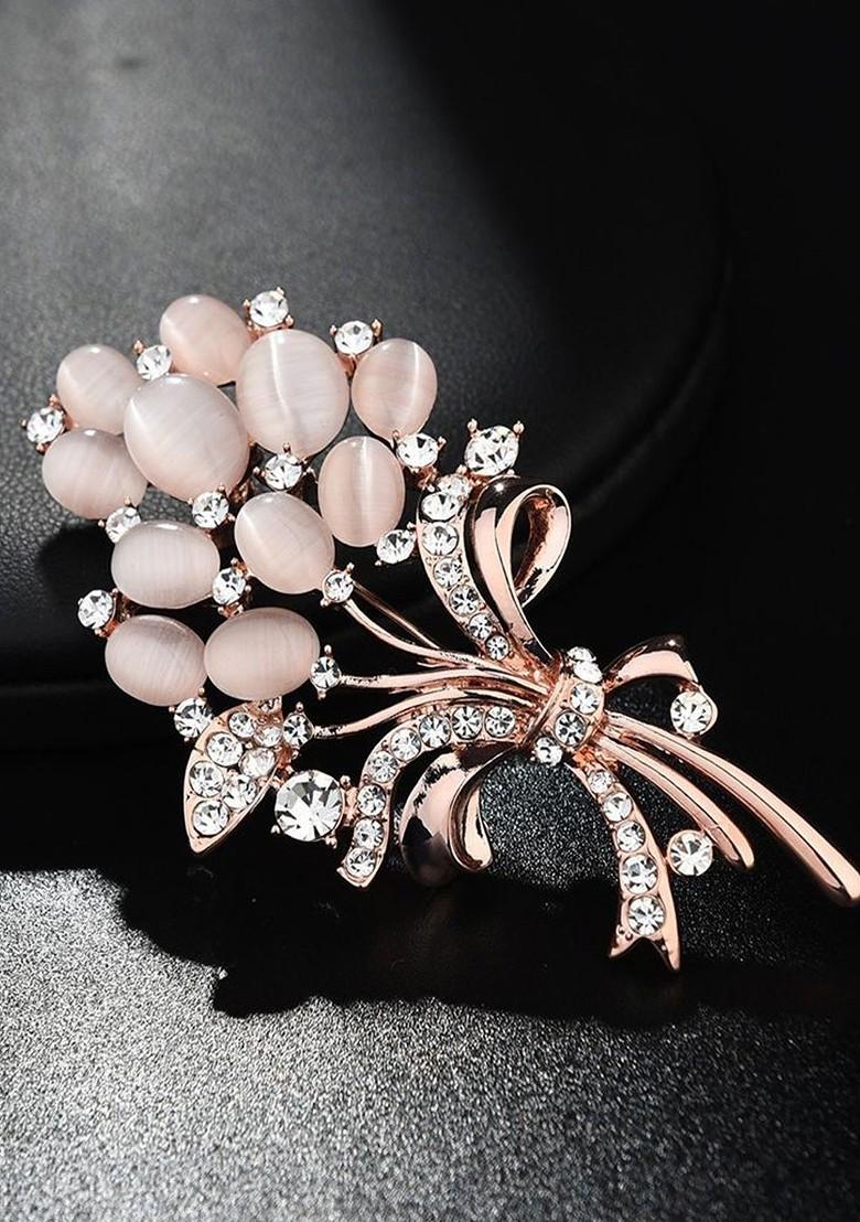 Women Peach Coloured Rose Gold Toned Stone Studded Bouquet Shaped Brooch