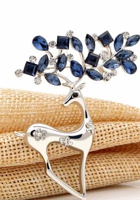 Women Blue Silver Toned Stone Studded Deer Shaped Brooch