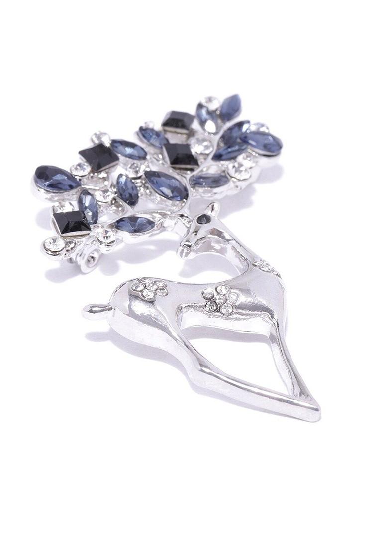 Women Blue Silver Toned Stone Studded Deer Shaped Brooch