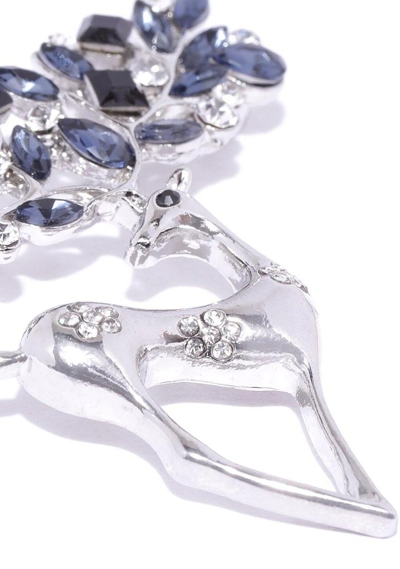Women Blue Silver Toned Stone Studded Deer Shaped Brooch
