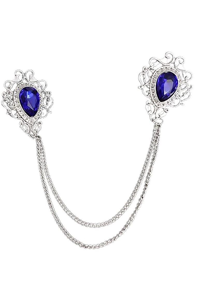 Men Stone Studded Suit Shirt Stud Lapel Pin Chain Tassel Brooch