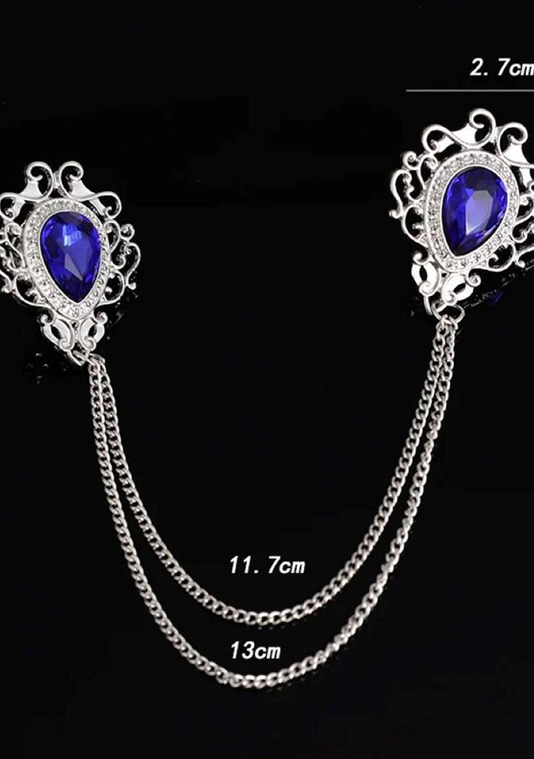 Men Stone Studded Suit Shirt Stud Lapel Pin Chain Tassel Brooch