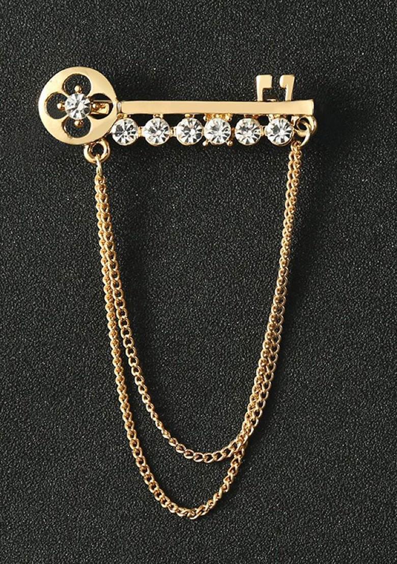 Men Crystal Studded Chain Tassel Brooch Lapel Pin