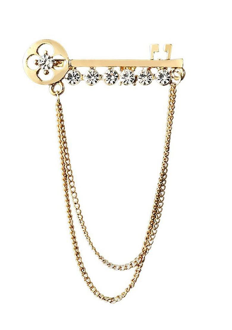 Men Crystal Studded Chain Tassel Brooch Lapel Pin