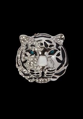 Men Silver Plated Tiger Head Metal Real Stones Studded Brooch