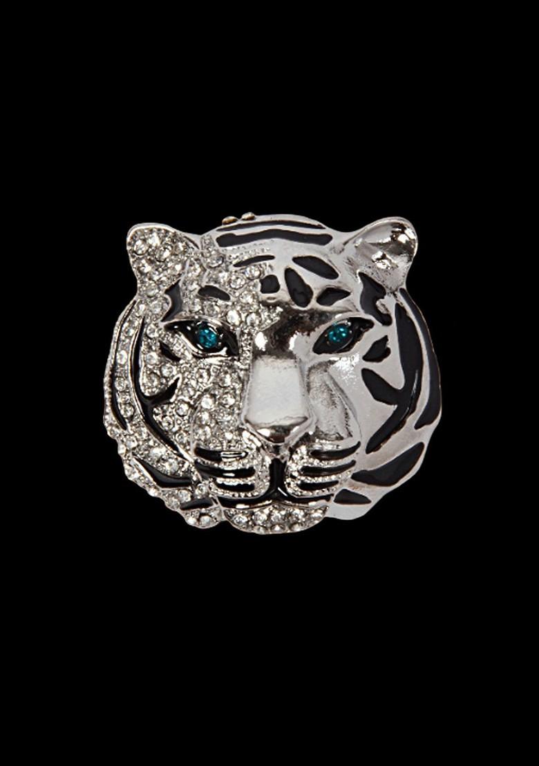 Men Silver Plated Tiger Head Metal Real Stones Studded Brooch