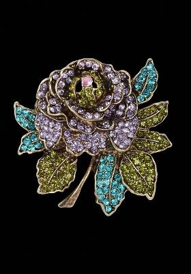 18K Gold Plated Real Stones Studded Flowers Shaped Metal Brooch