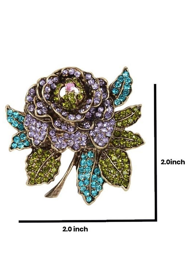 18K Gold Plated Real Stones Studded Flowers Shaped Metal Brooch