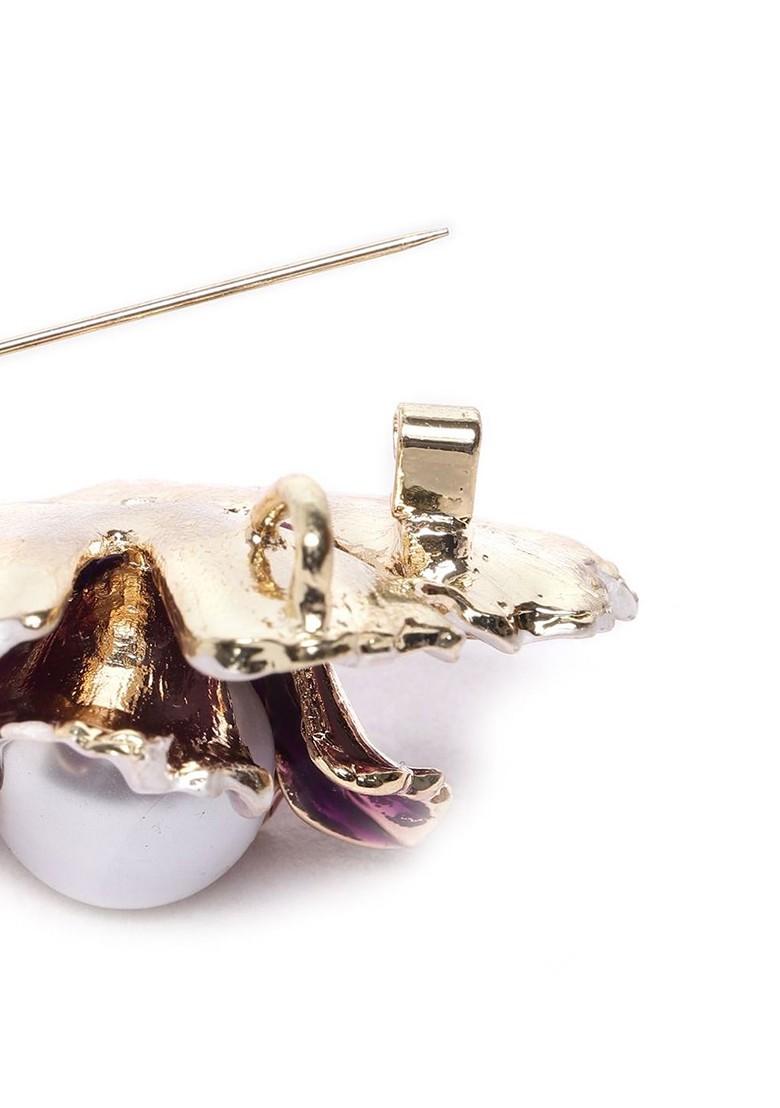 Women Gold Purple Floral Pearl Studded Brooch