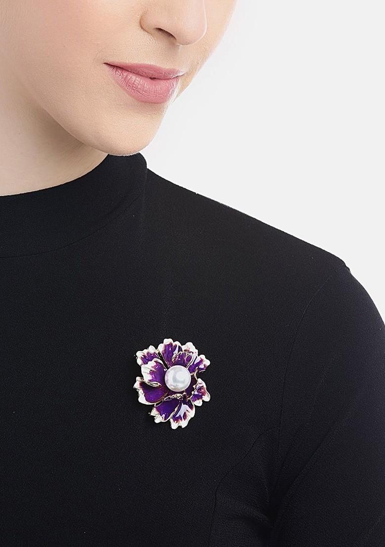 Women Gold Purple Floral Pearl Studded Brooch