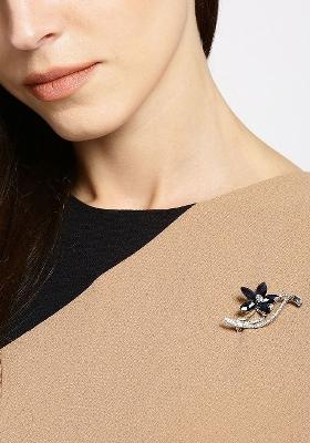 Women Silver Blue Stone Studded Floral Statement Brooch