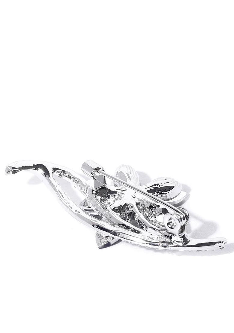 Women Silver Blue Stone Studded Floral Statement Brooch