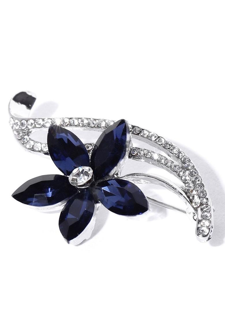 Women Silver Blue Stone Studded Floral Statement Brooch