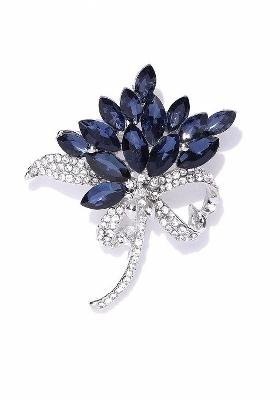 Women Silver Toned Navy Blue White Stone Studded Statement Brooch