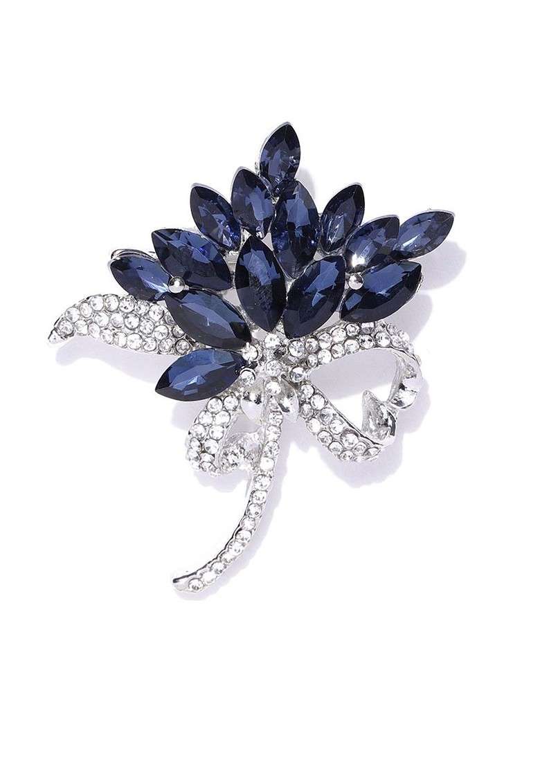Women Silver Toned Navy Blue White Stone Studded Statement Brooch - Indya