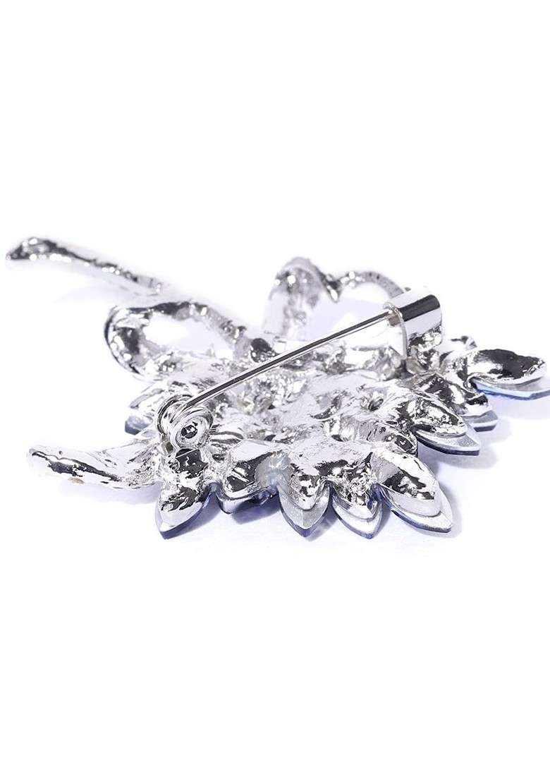 Women Silver Toned Navy Blue White Stone Studded Statement Brooch - Indya