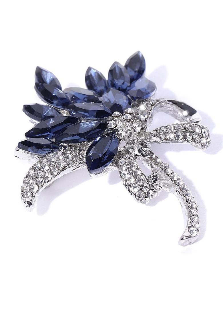 Women Silver Toned Navy Blue White Stone Studded Statement Brooch