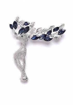 Women Silver Toned Navy Blue Stone Studded Reindeer Shaped Statement Brooch