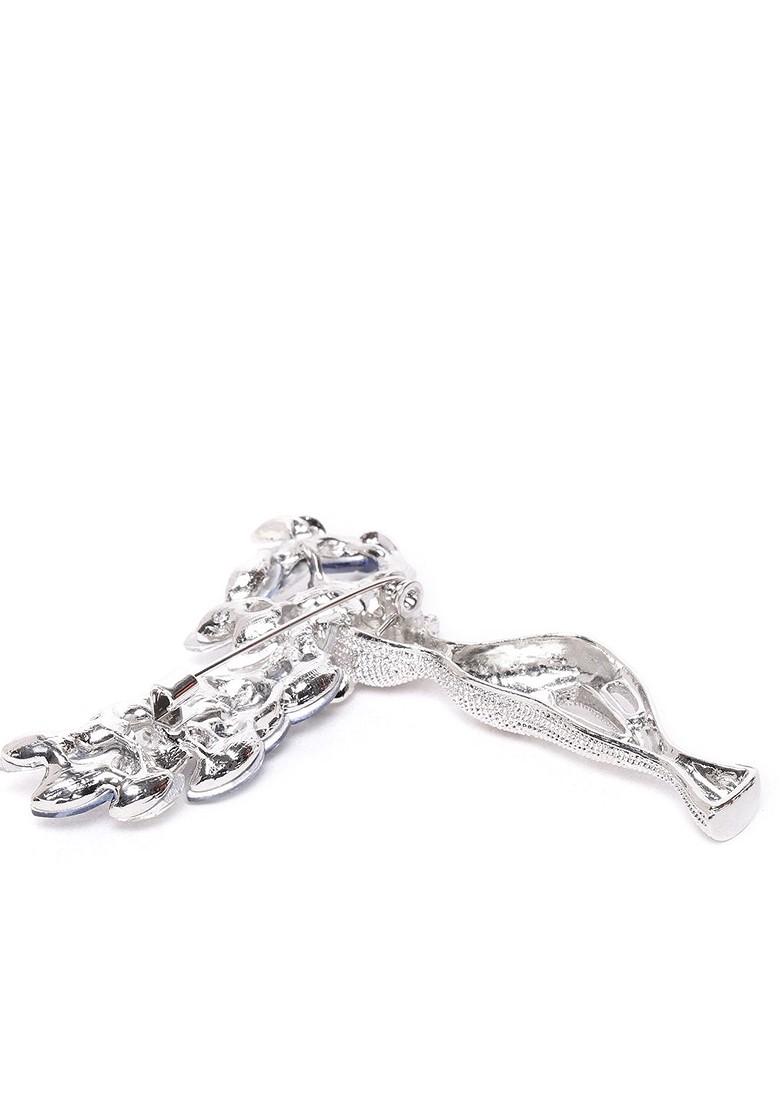 Women Silver Toned Navy Blue Stone Studded Reindeer Shaped Statement Brooch