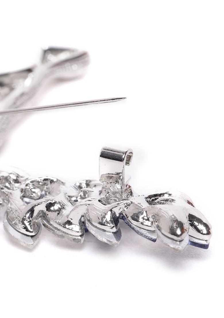 Women Silver Toned Navy Blue Stone Studded Reindeer Shaped Statement Brooch