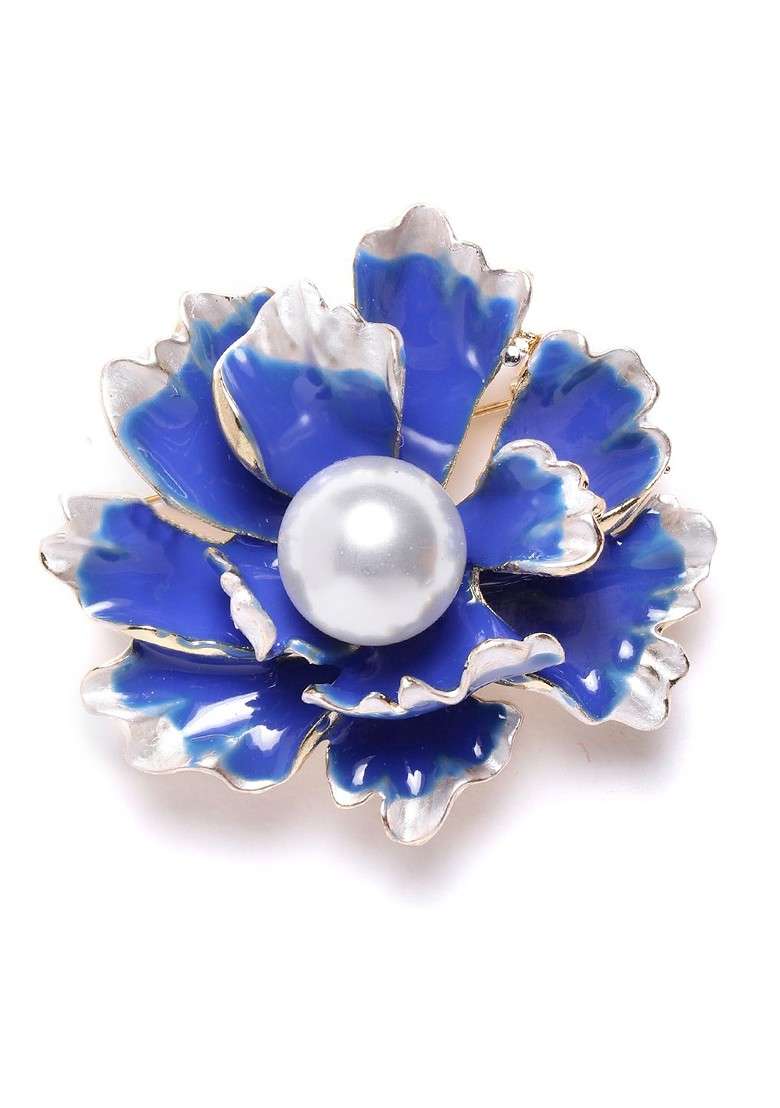 Women Blue White Beaded Floral Statement Brooch - Indya