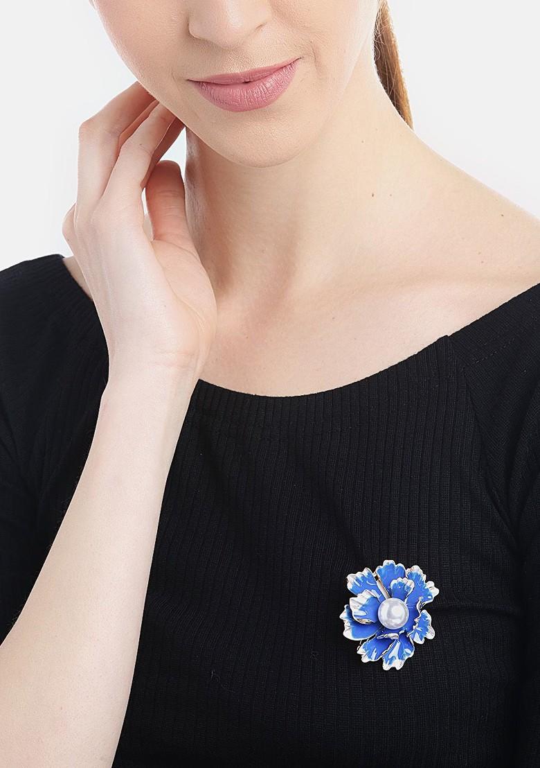 Women Blue White Beaded Floral Statement Brooch