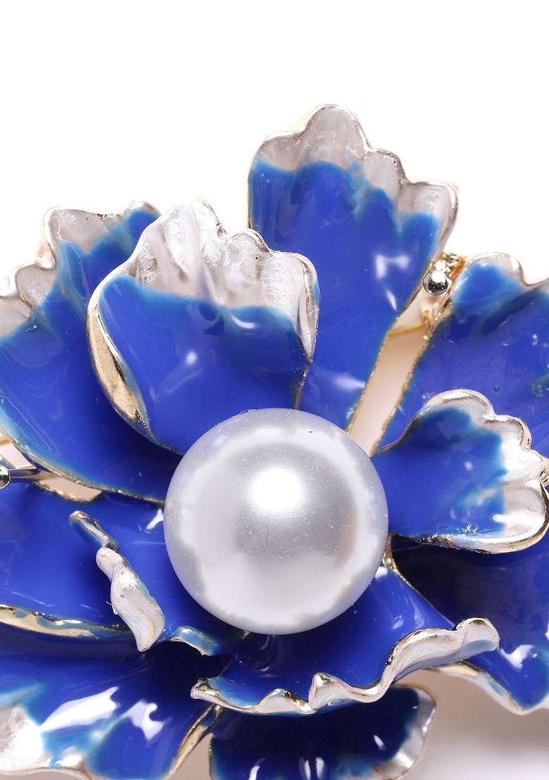 Women Blue White Beaded Floral Statement Brooch - Indya