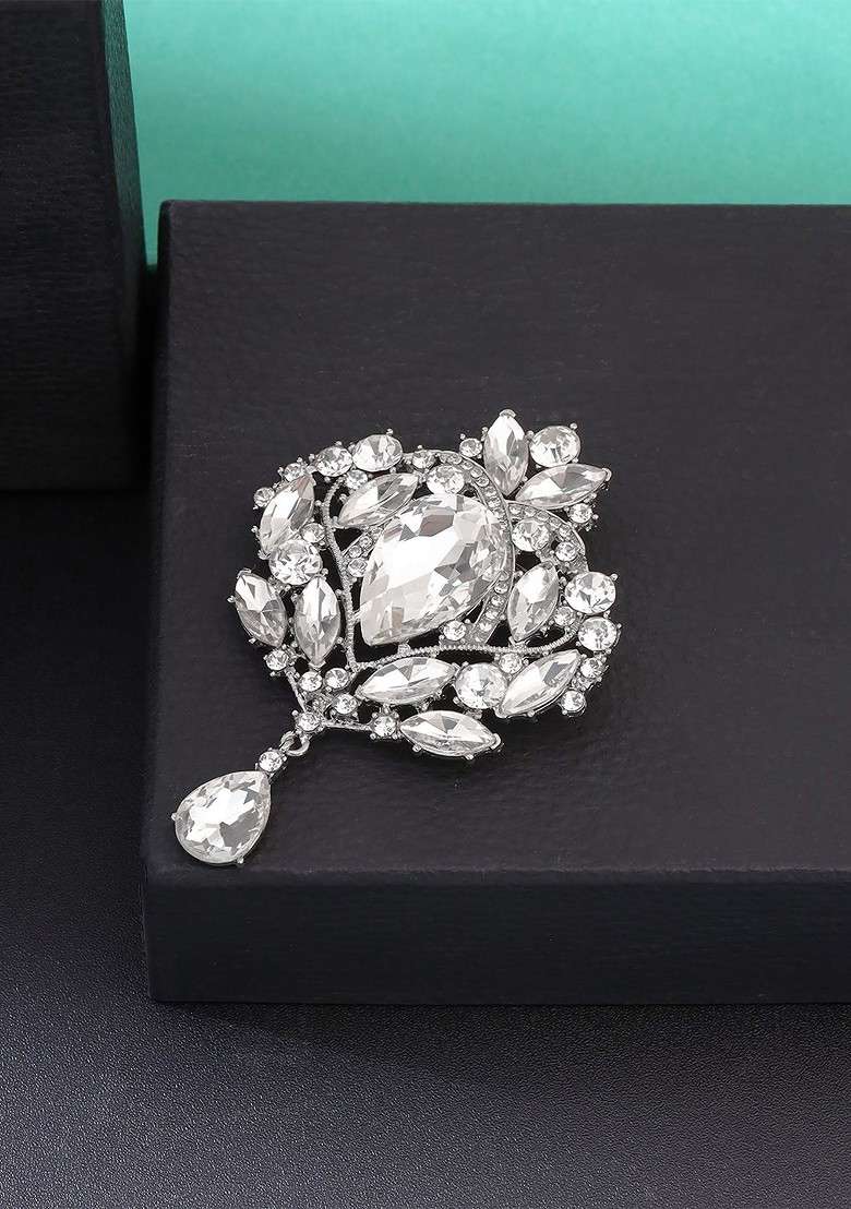 Women Silver Toned Crystal Floral Designed Studded Brooch - Indya