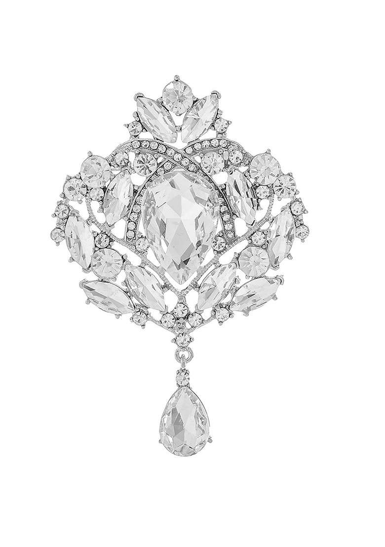 Women Silver Toned Crystal Floral Designed Studded Brooch - Indya
