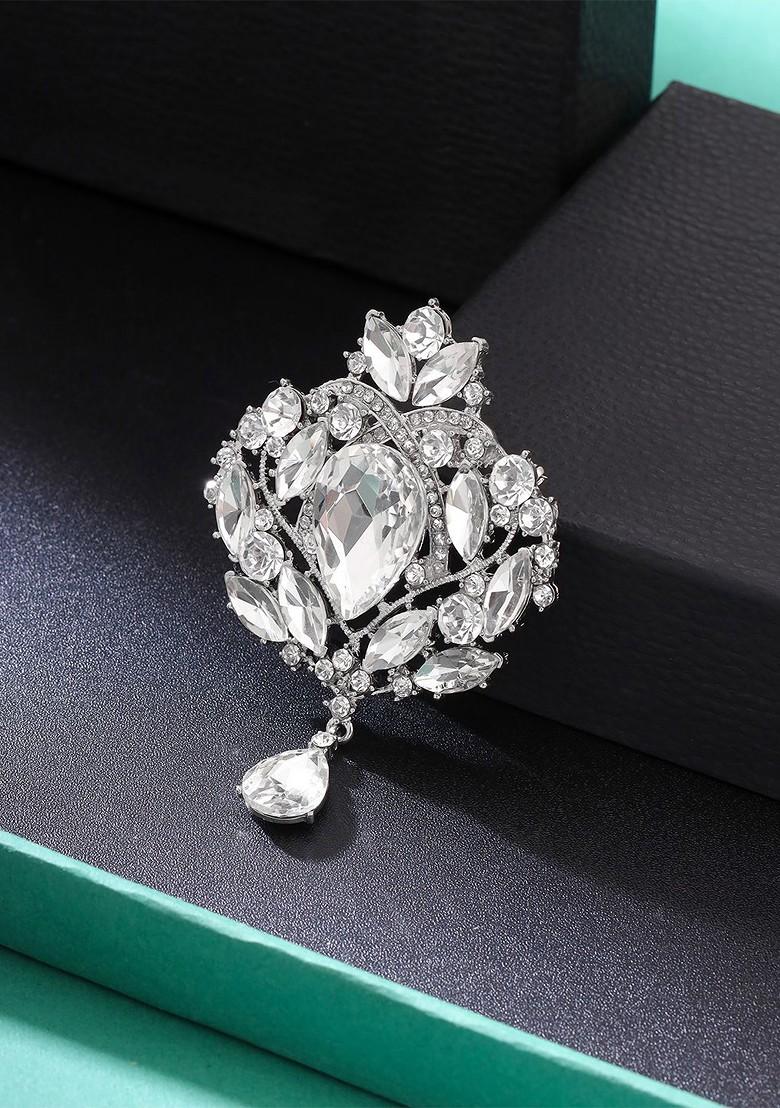 Women Silver Toned Crystal Floral Designed Studded Brooch