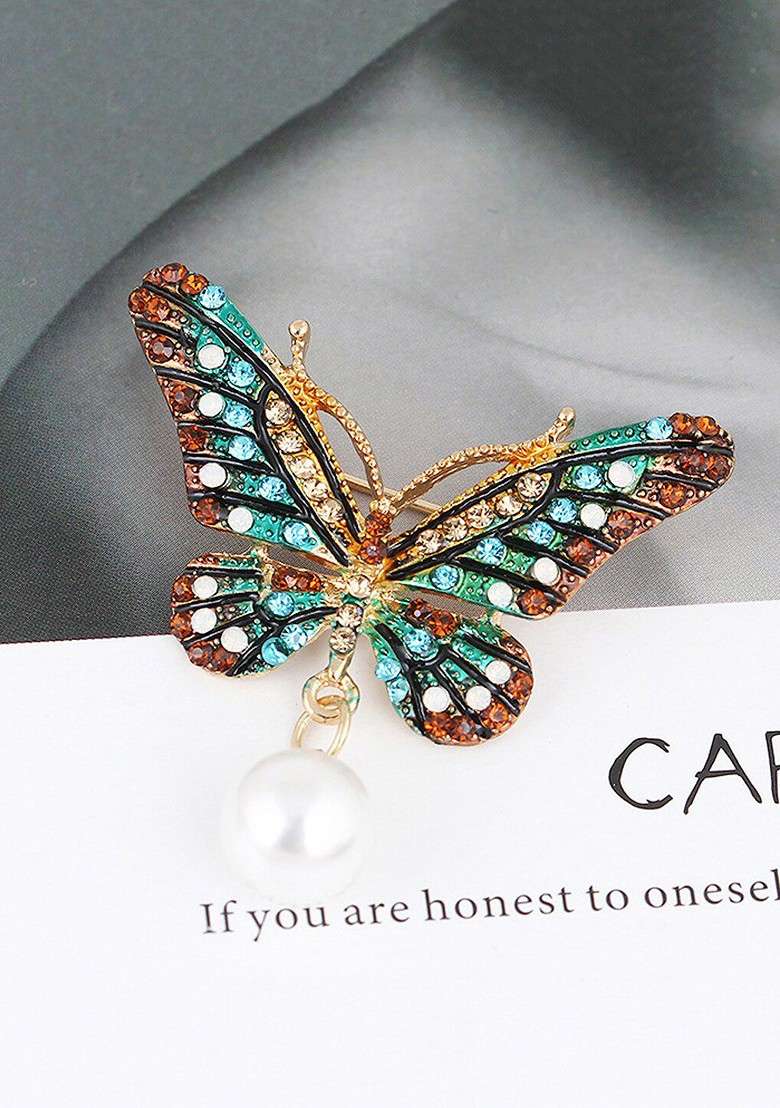 Women Gold Plated Multicolor Crystal Butterfly Shaped Brooch Pin - Indya
