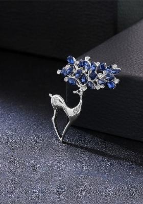 Silver Plated Blue Crystal Studded Deer Brooch