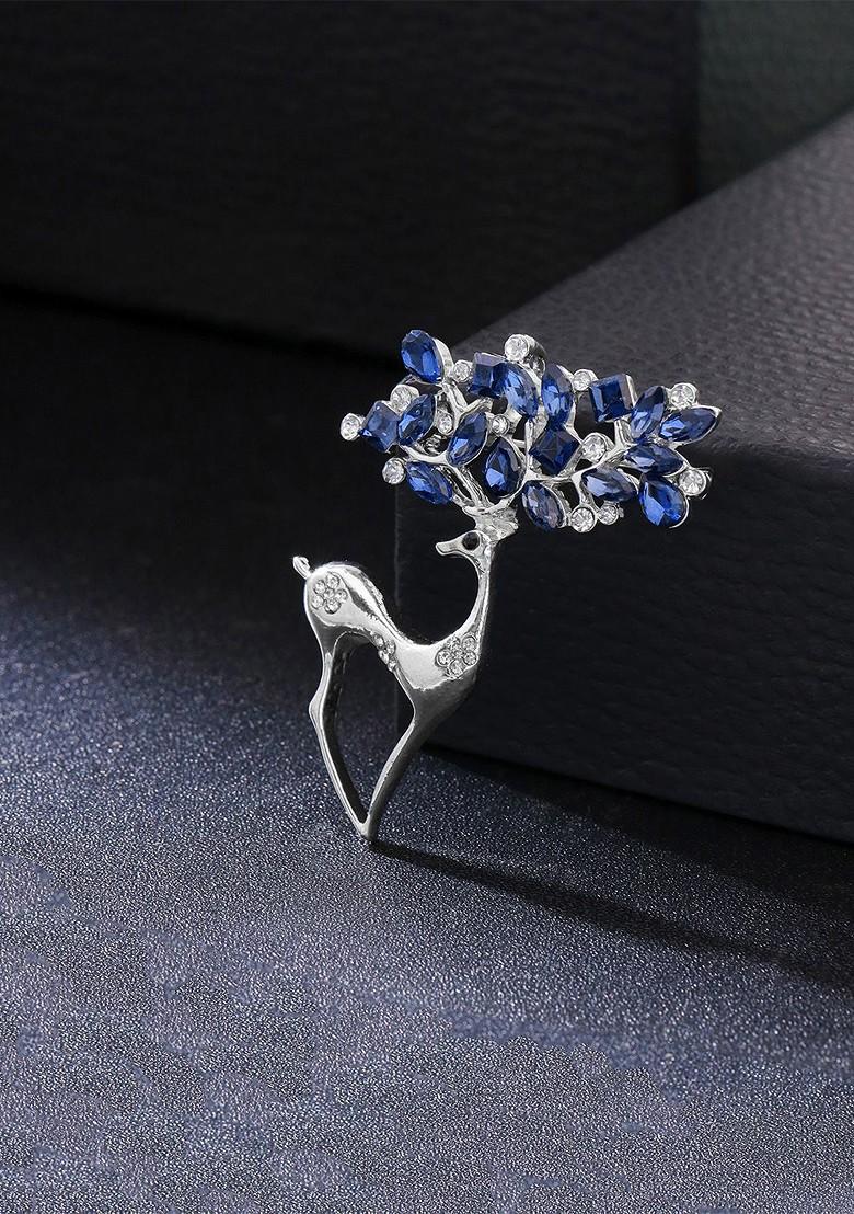 Silver Plated Blue Crystal Studded Deer Brooch