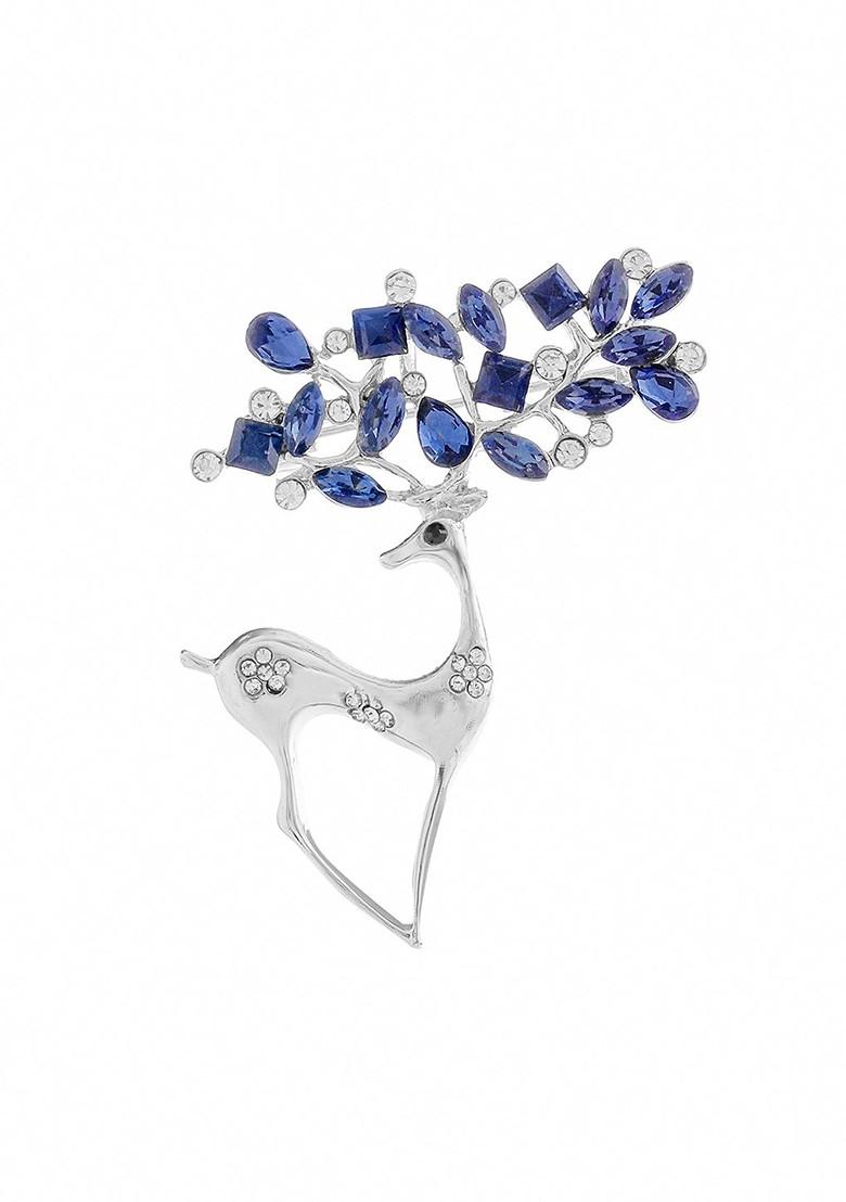 Silver Plated Blue Crystal Studded Deer Brooch