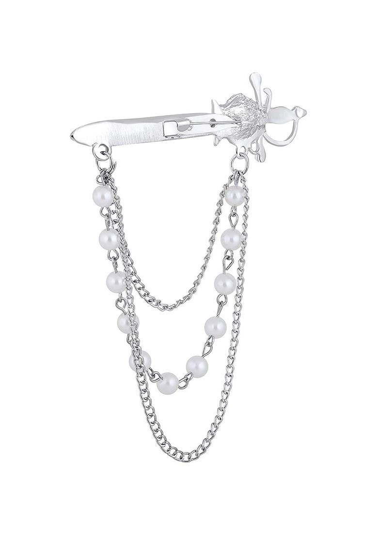 Men Stones Studded Beaded Layered Sword Shaped Brooch