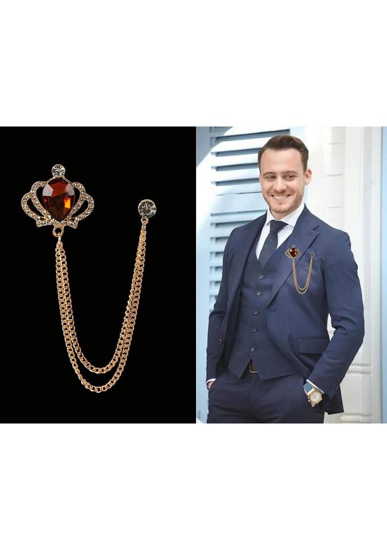 Gold Plated Artificial Stone Studded Crown Shape Brooch